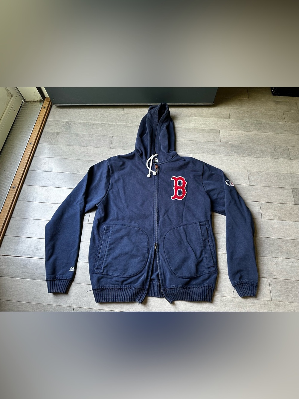 Men’s Majestic Blue MLB Boston Red Sox Baseball Full Zip Hooded Sweatshirt Sz M